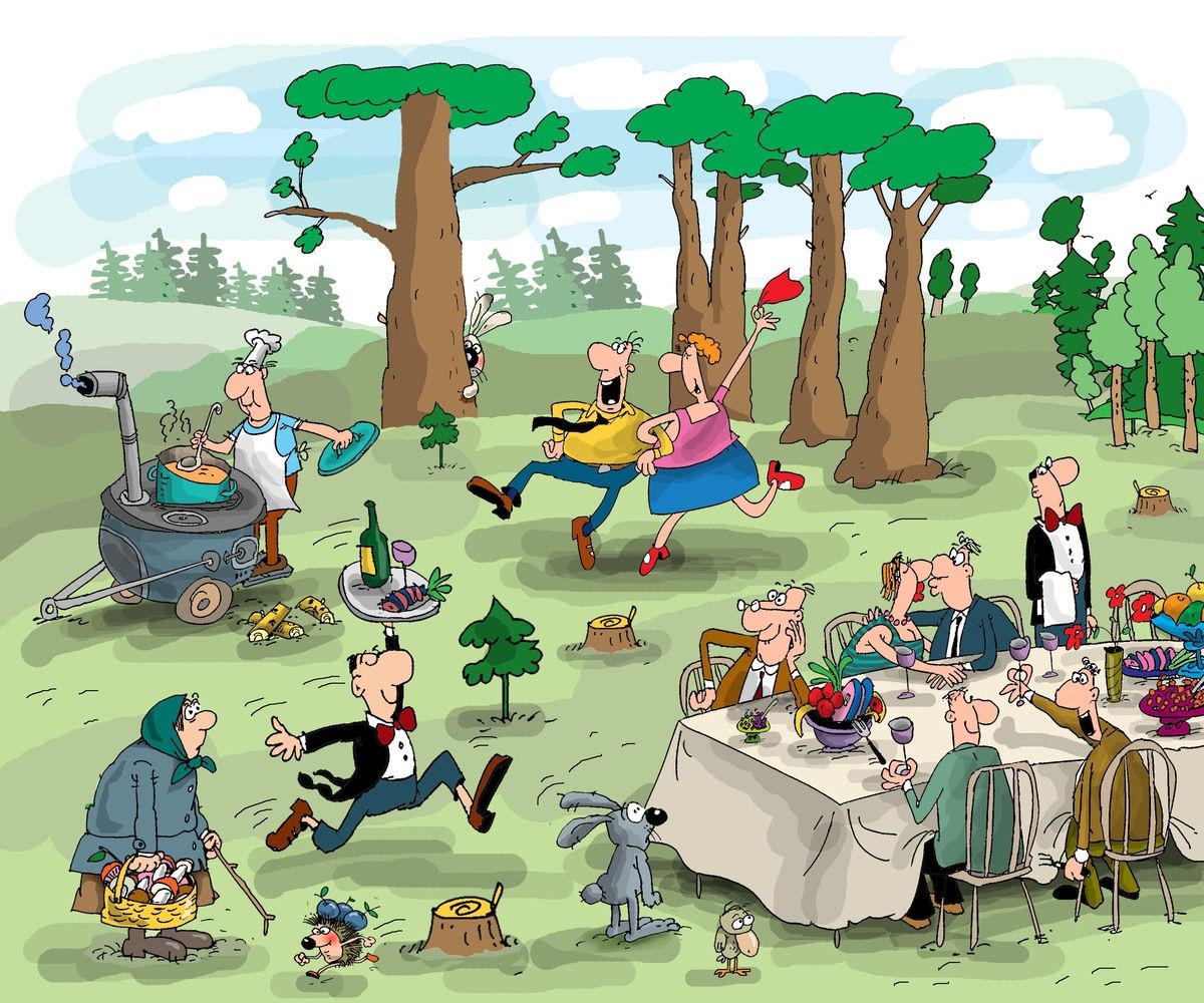 Пригласил коллегу на пикник. Пикник карикатура на природе. Пикник карикатура. Люди на пикнике. Иллюстрация корпоратив на природе.